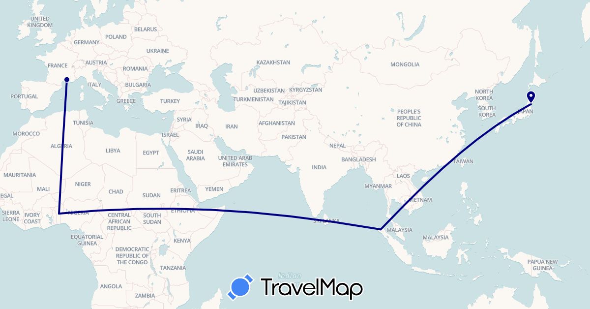 TravelMap itinerary: driving in Benin, France, Indonesia, Japan (Africa, Asia, Europe)